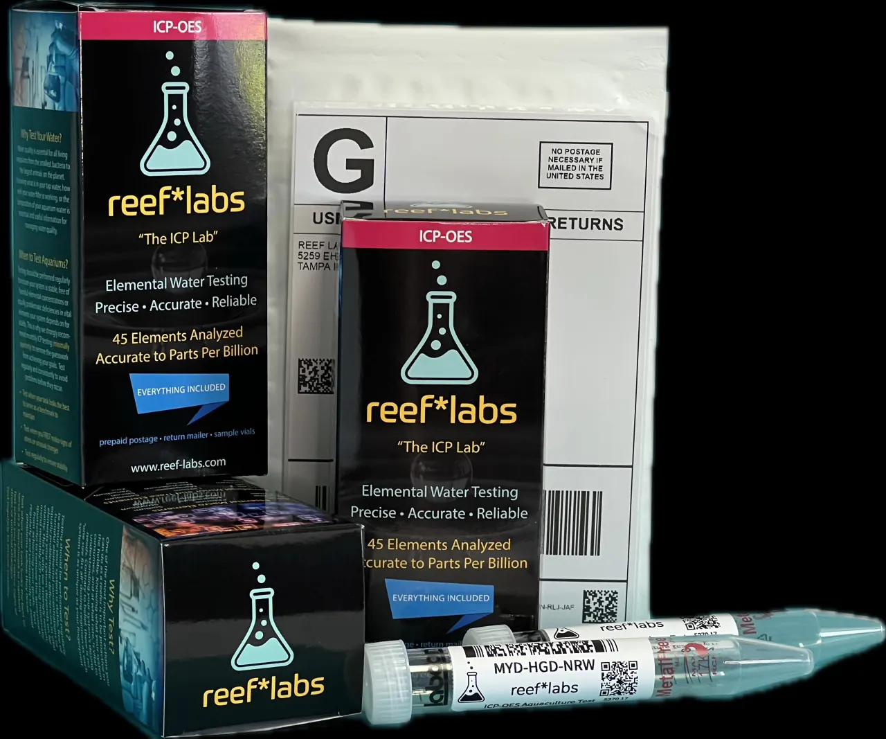 Reef Labs ICP-OES test kit boxes, return mailer and sample vials